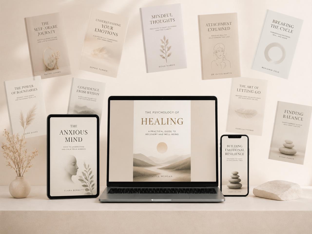 Biblioteca digital de Psicologia em tablet, notebook e smartphone